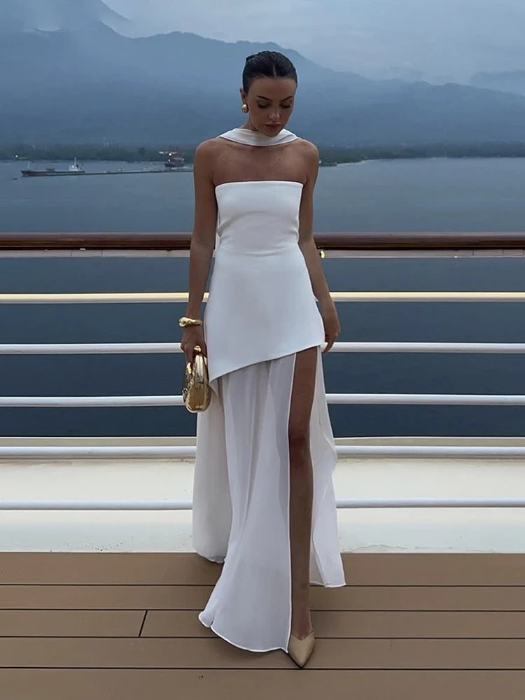 Seraphic Elegance Ribbon Mesh Maxi Dress
