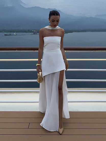 Seraphic Elegance Ribbon Mesh Maxi Dress