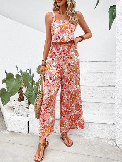 Floral Elegance Backless Wide Leg Jumpsuit - Mixed Color