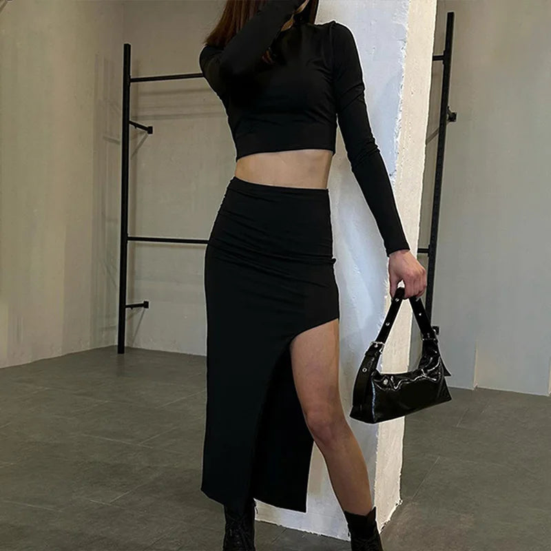 Black T-Shirt & Split Skirt Set