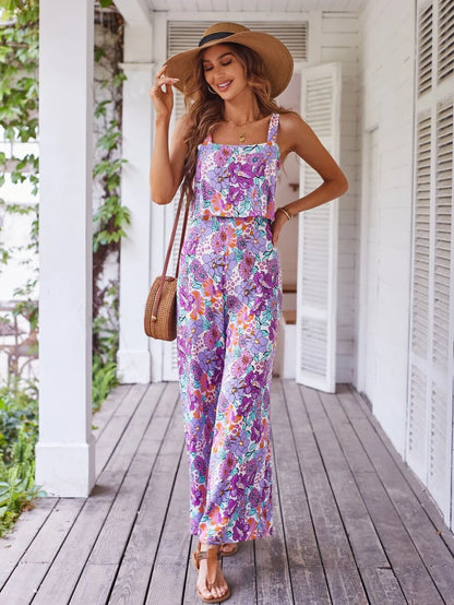 Floral Elegance Backless Wide Leg Jumpsuit - Purple