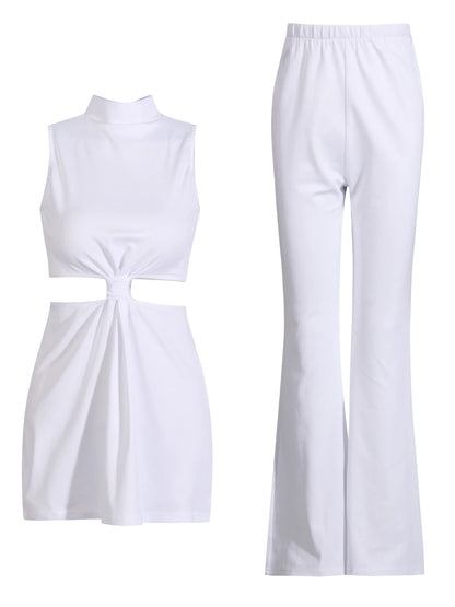 Elegant Two-Piece Set High Collar Sleeveless Hollow Out Top High Waist Pant