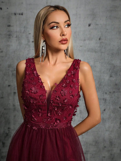 Sequin Embroidered Mesh Slit Maxi Dress - Claret