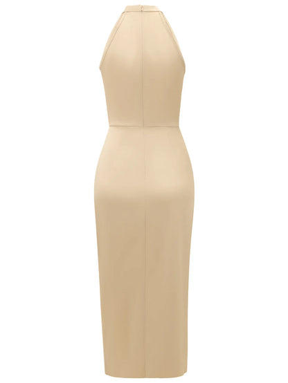 Elegant Halter Evening Midi Dress - Champagne
