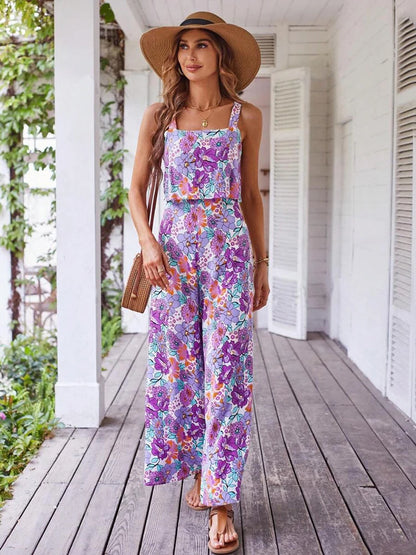 Floral Elegance Backless Wide Leg Jumpsuit - Purple