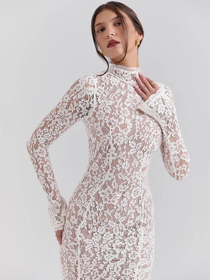 White Lace Bodycon Midi Dress