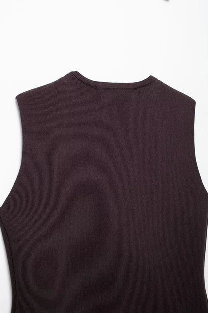 Knitted Vest & High-Waist Skirt Set - Brown Suit