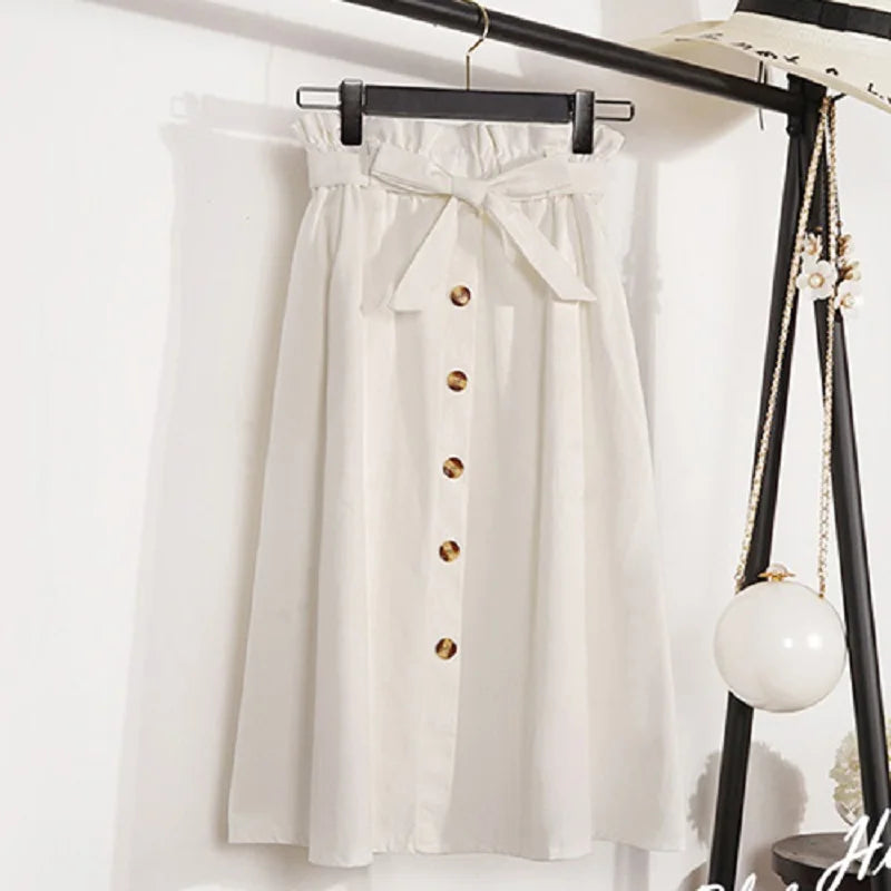 Summer Autumn High Waist Pleated Midi Skirt