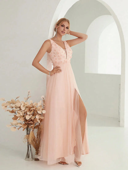 Sequin Embroidered Mesh Slit Maxi Dress - Yellow