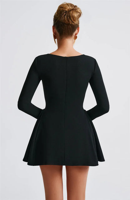 Square Collar Long Sleeve Mini Dress - Black