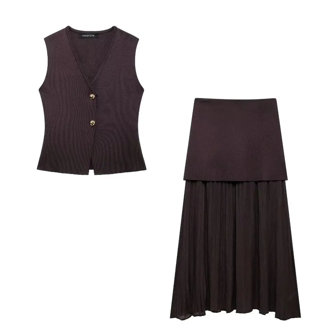 Knitted Vest & High-Waist Skirt Set - Brown Suit