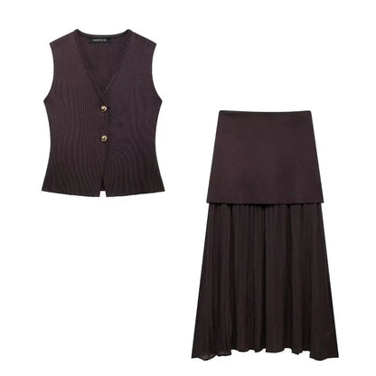 Knitted Vest & High-Waist Skirt Set - Brown Suit