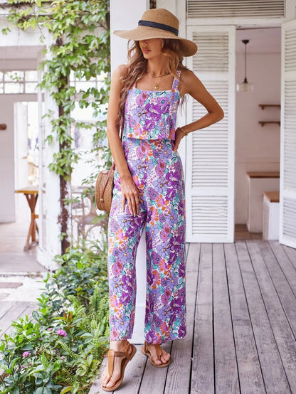 Floral Elegance Backless Wide Leg Jumpsuit - Purple