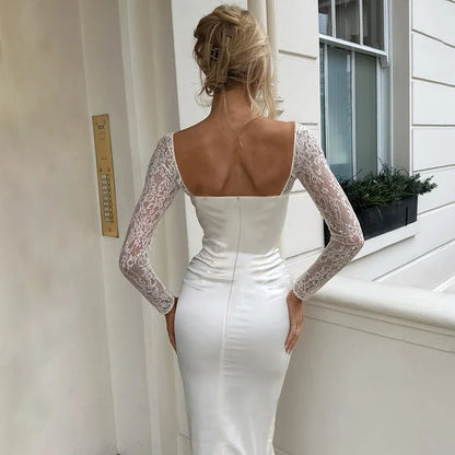 Slim Lace Long Sleeve Maxi Dress - White