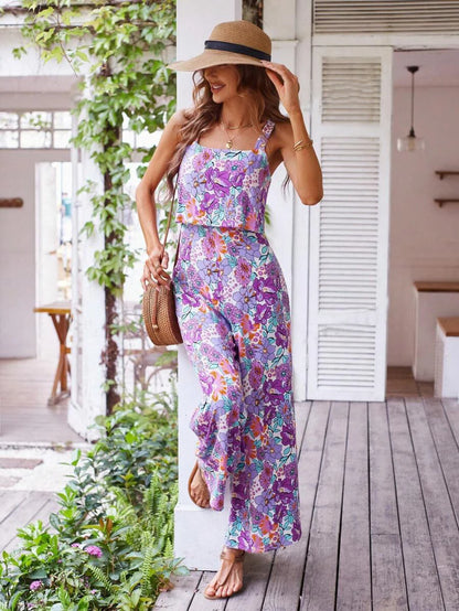 Floral Elegance Backless Wide Leg Jumpsuit - Purple