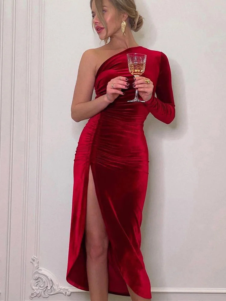 Velvet Long-Sleeve Bodycon Midi Dress - Red