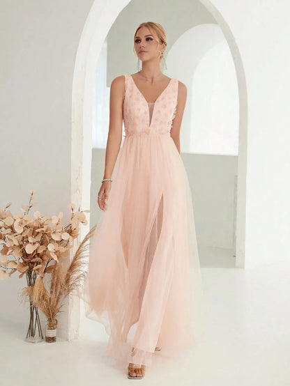 Sequin Embroidered Mesh Slit Maxi Dress - Yellow