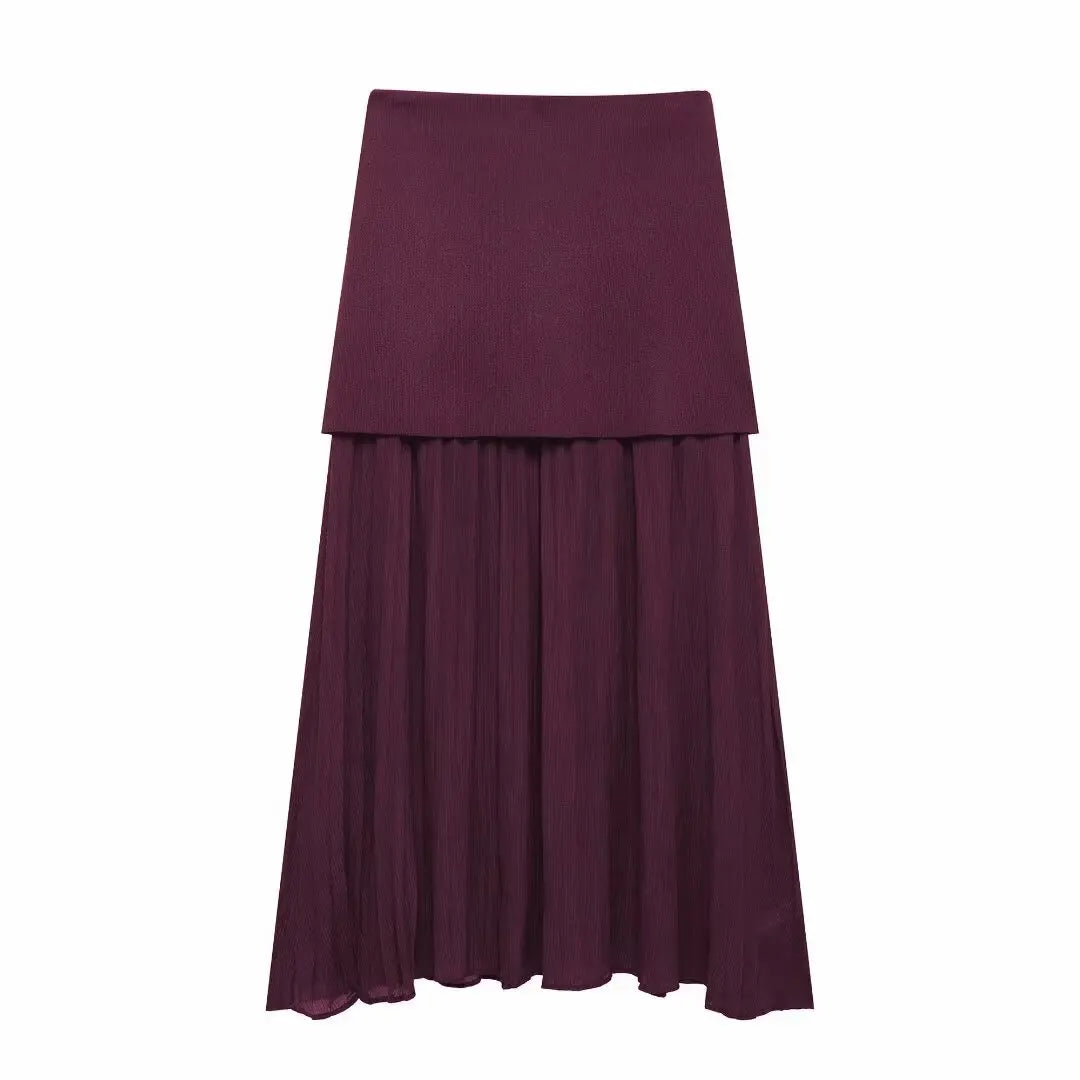 Knitted Vest & High-Waist Skirt Set -Wine Red Suit