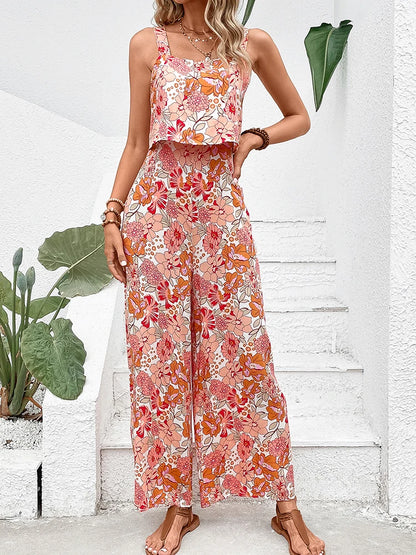 Floral Elegance Backless Wide Leg Jumpsuit - Mixed Color
