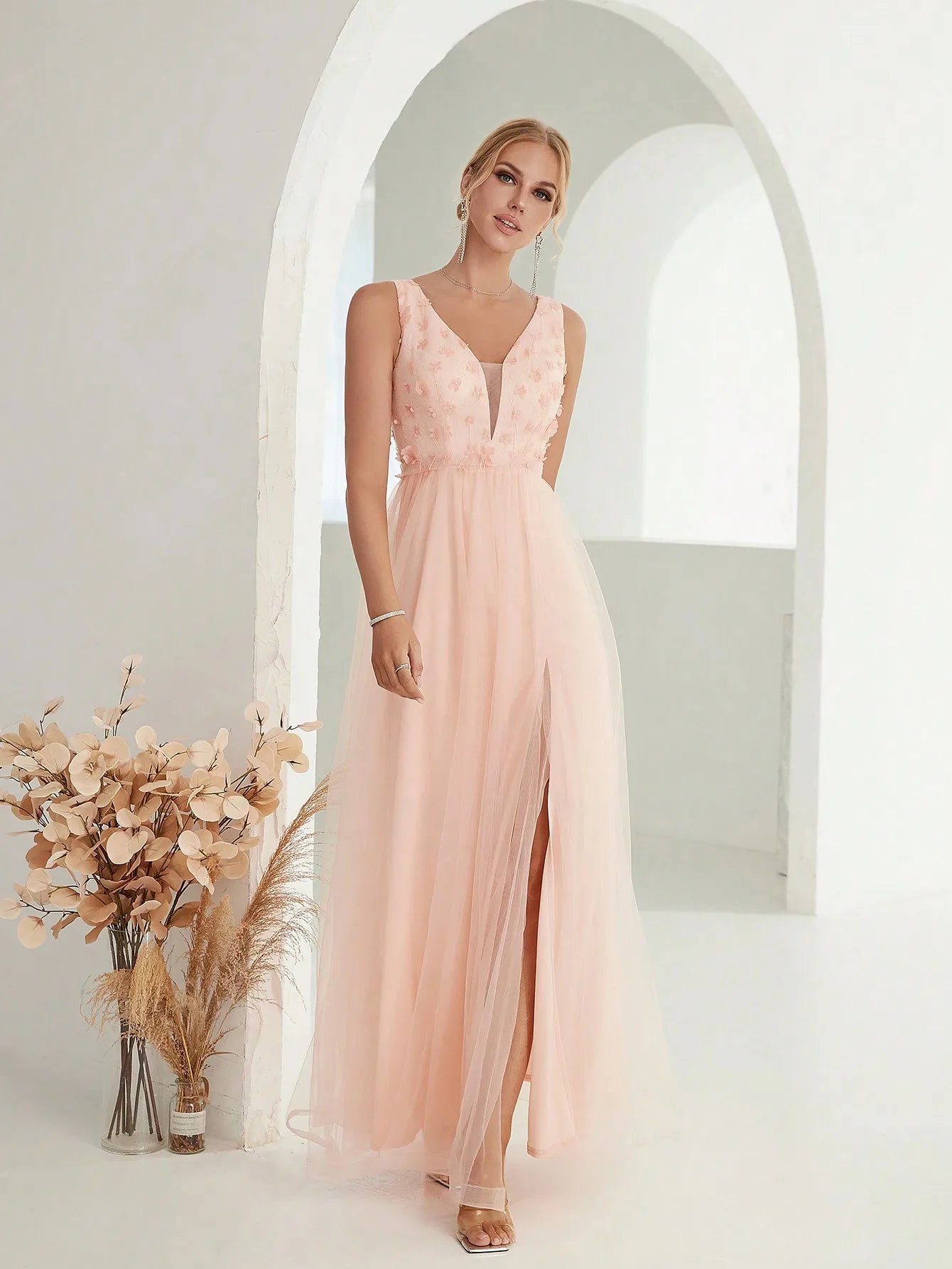 Sequin Embroidered Mesh Slit Maxi Dress - Pink