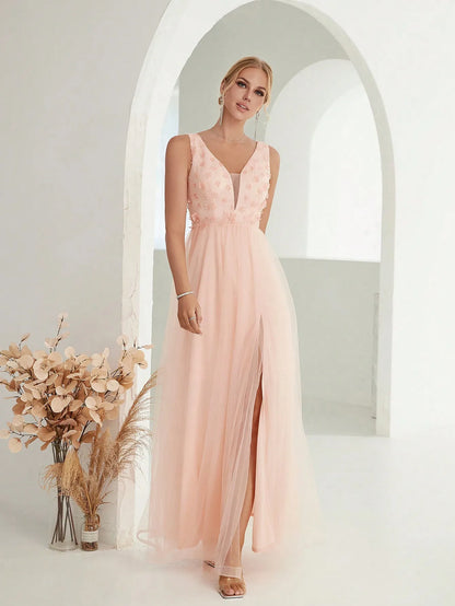 Sequin Embroidered Mesh Slit Maxi Dress - Pink