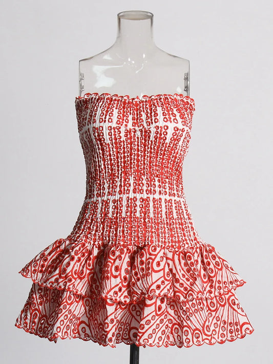 Strapless Layered Hem Mini Dress - Red