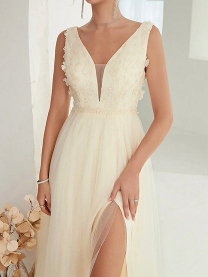 Sequin Embroidered Mesh Slit Maxi Dress - Lavender