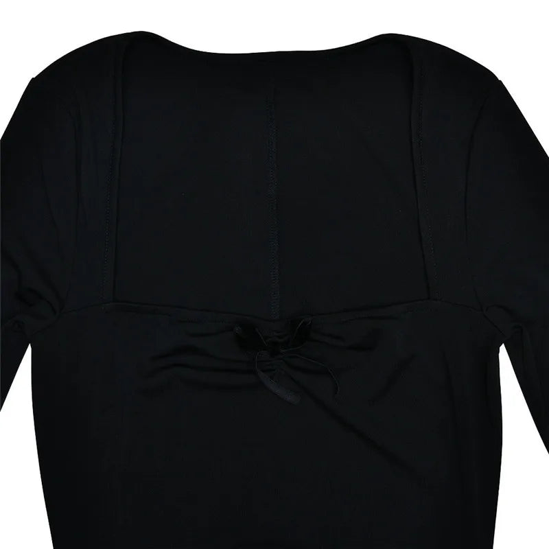 Square Collar Long Sleeve Mini Dress - Black