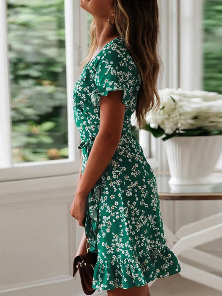 Boho Floral Ruffle Mini Dress