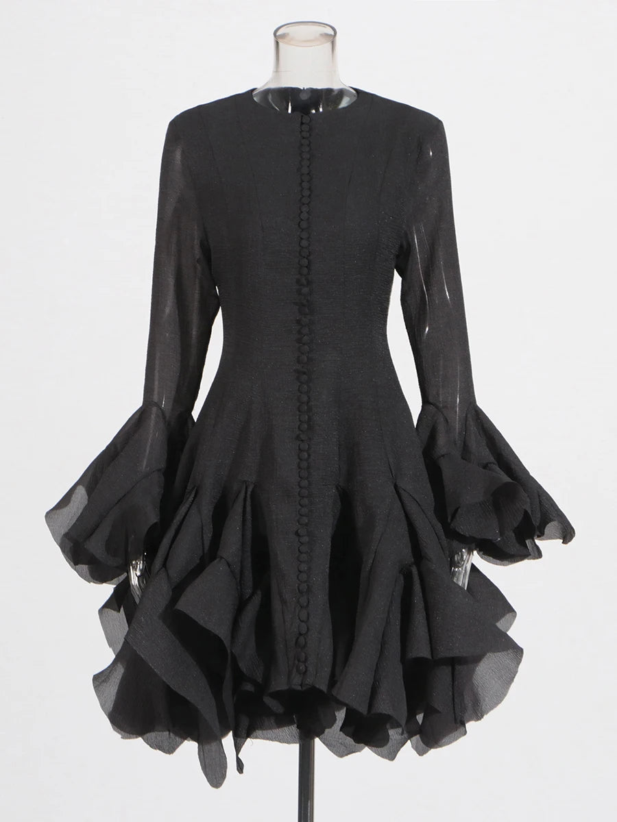 Elegant Pleated Patchwork Mini Dress - Black