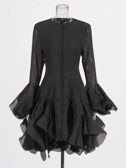 Elegant Pleated Patchwork Mini Dress - Black