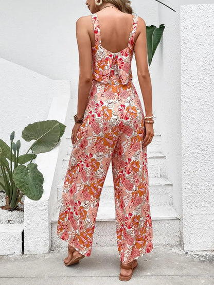 Floral Elegance Backless Wide Leg Jumpsuit - Mixed Color