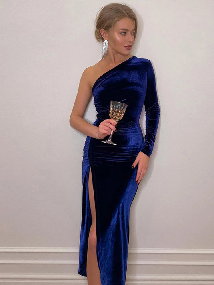 Velvet Long-Sleeve Bodycon Midi Dress - Blue