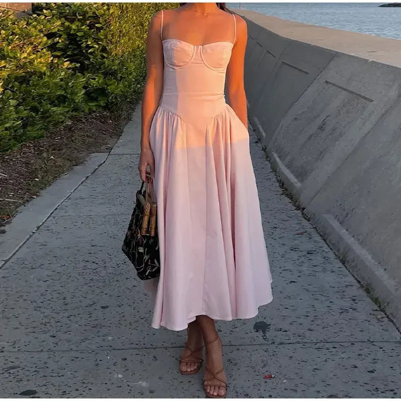 Chic Pleated Backless Solid Midi Gown Dress