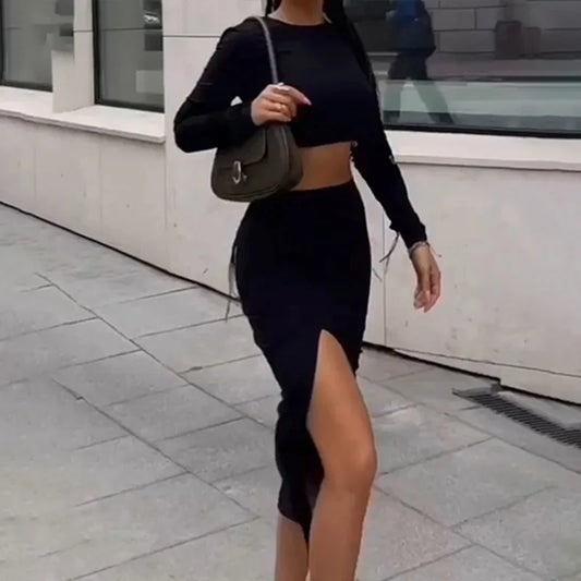 Black T-Shirt & Split Skirt Set