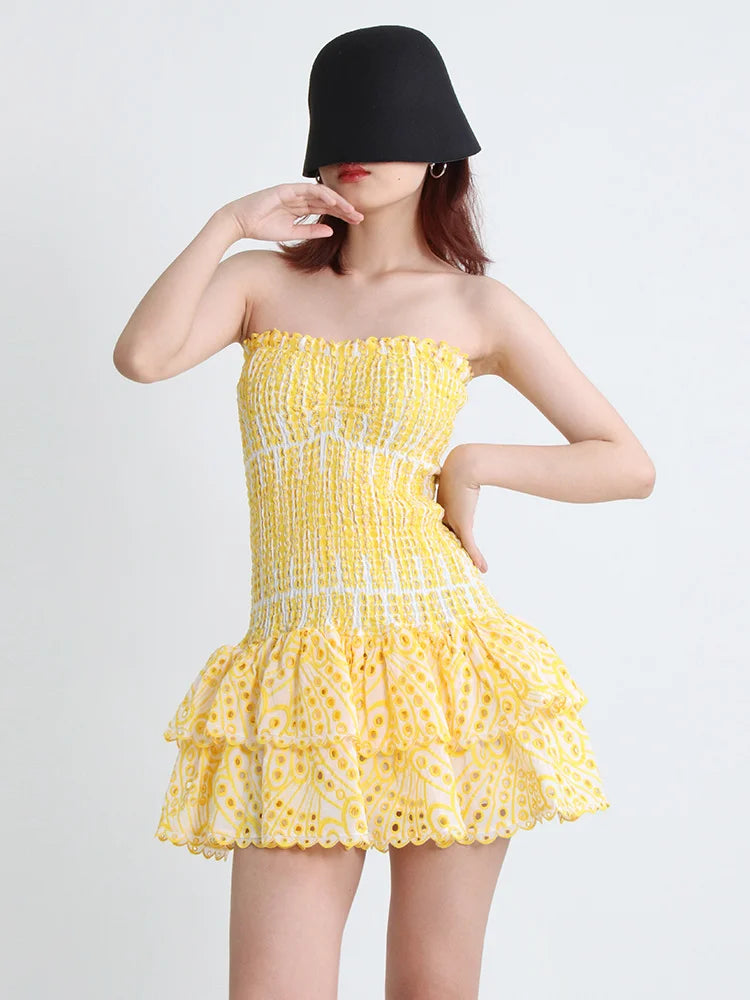 Strapless Layered Hem Mini Dress - Yellow