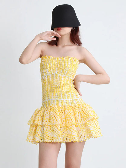 Strapless Layered Hem Mini Dress - Yellow