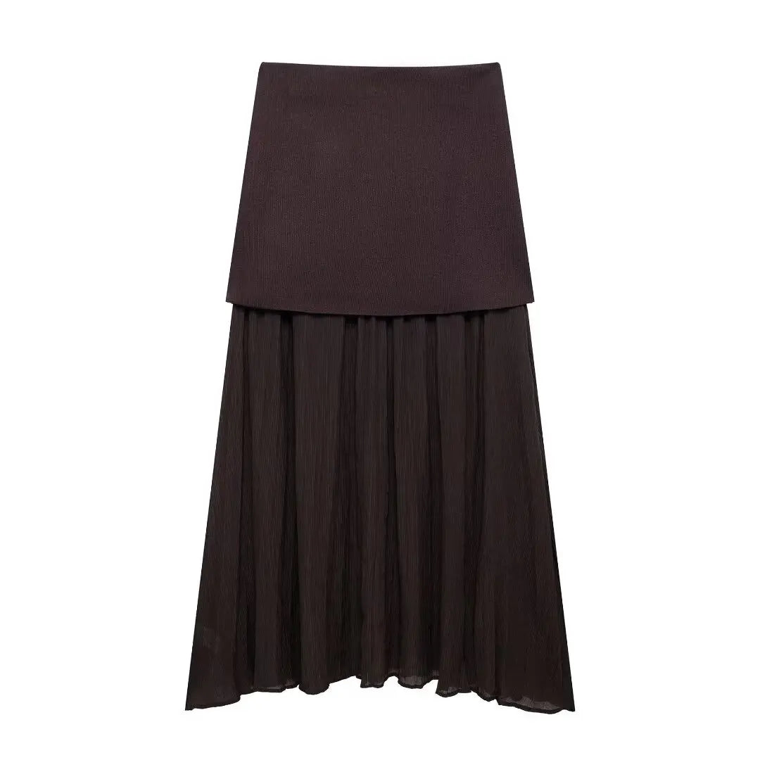 Knitted Vest & High-Waist Skirt Set - Brown Suit
