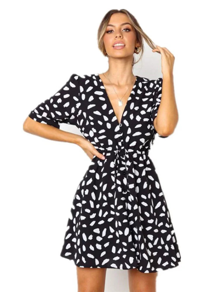 Sand Spot V - Neck Wrap Mini Dress