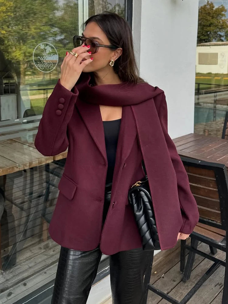 Woolen Blazer Jacket with Scarf - Red