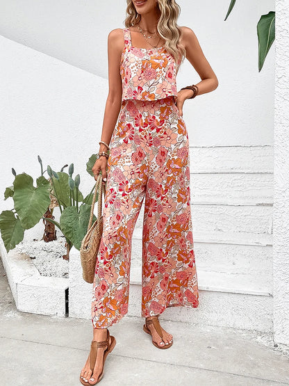 Floral Elegance Backless Wide Leg Jumpsuit - Mixed Color