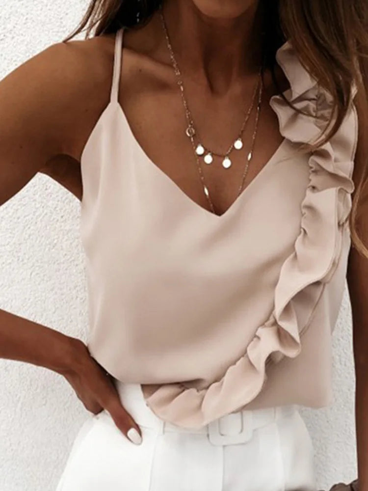 Sleeveless Ruffle V-Neck Blouse