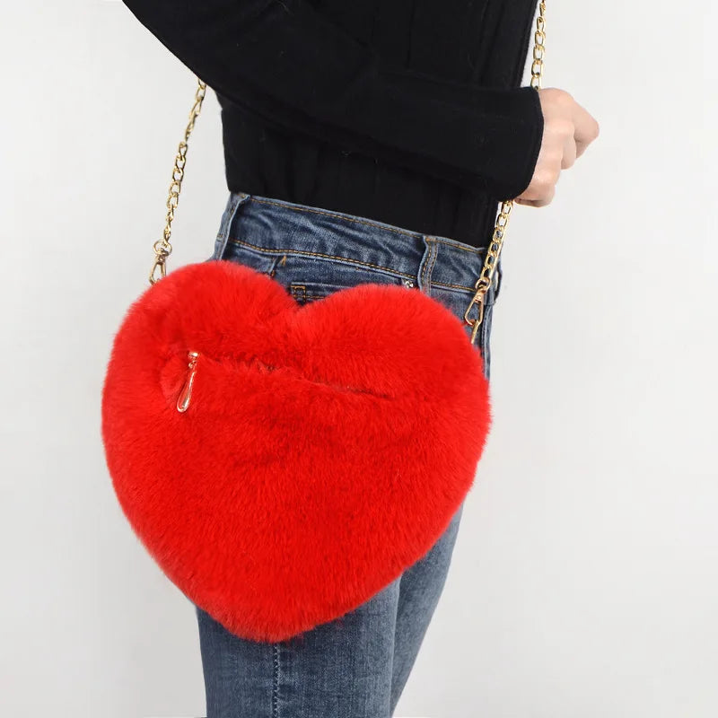 Fluff & Glam: The Chic Heart-Shaped Crossbody Purse