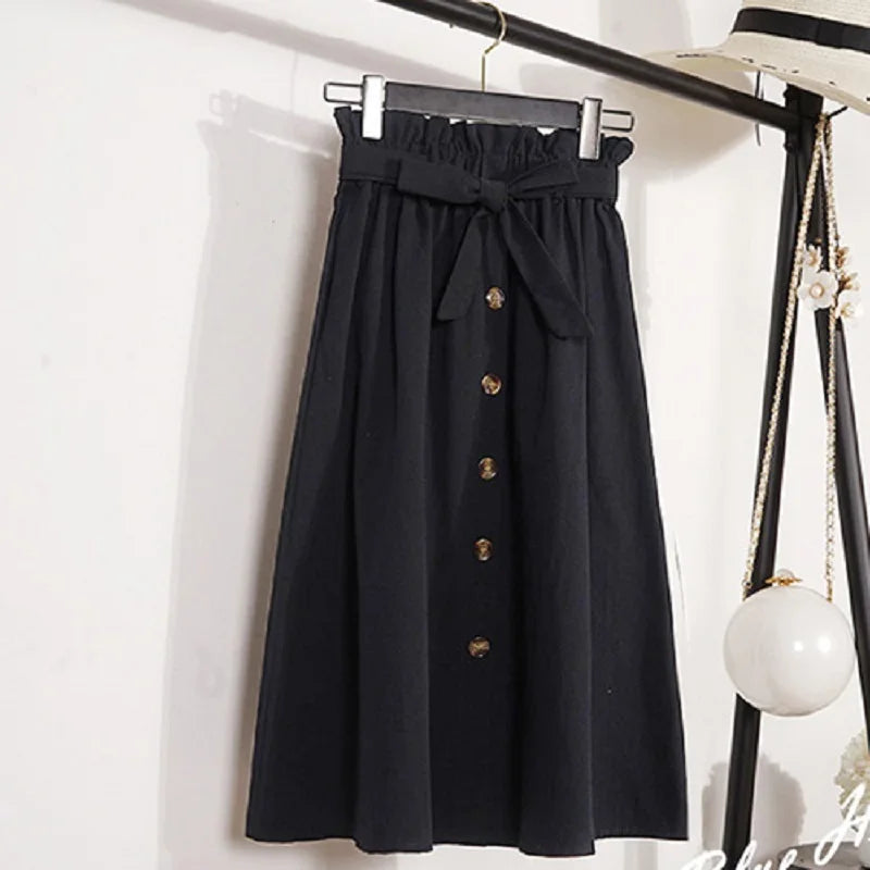 Summer Autumn High Waist Pleated Midi Skirt