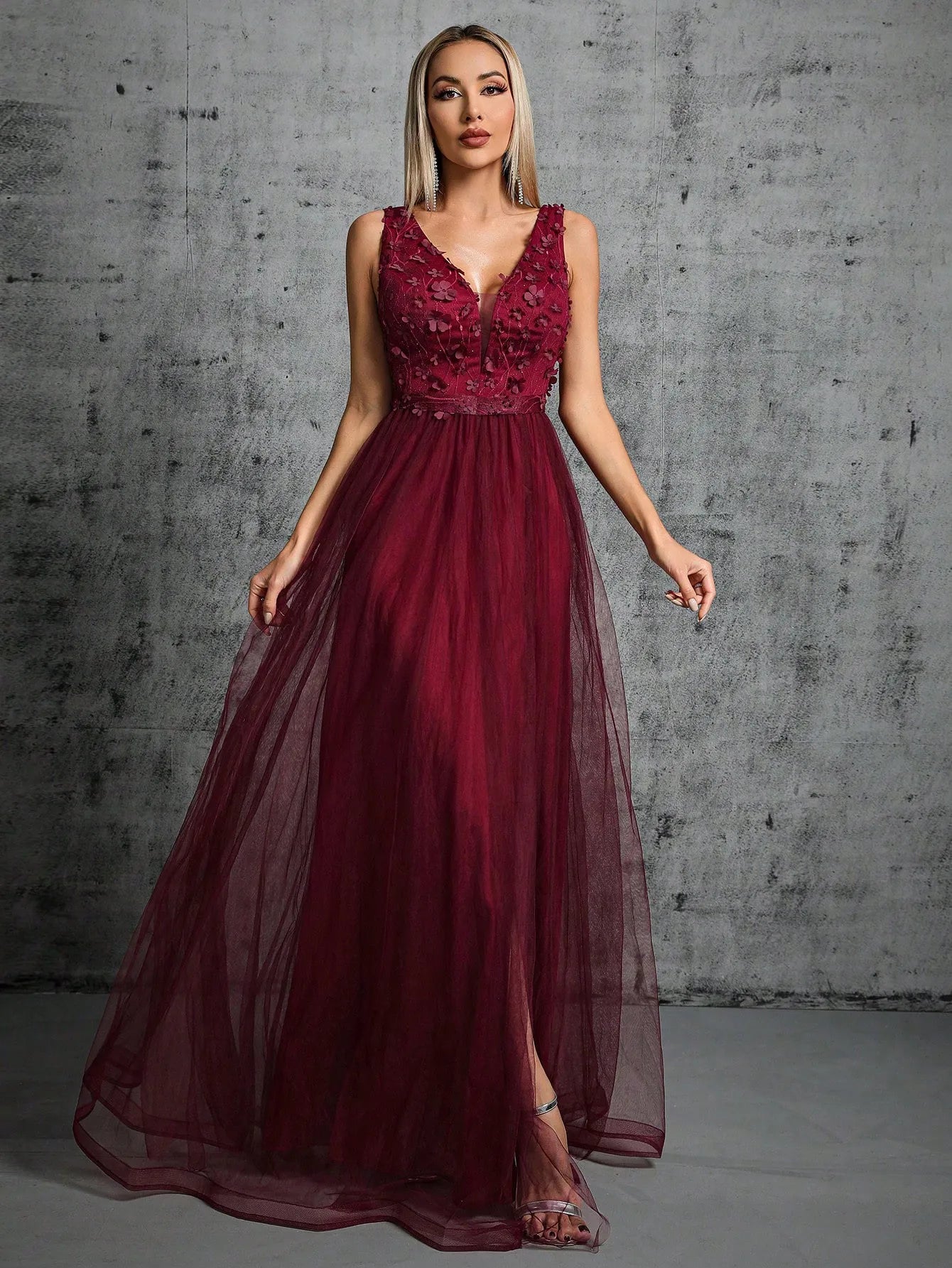 Sequin Embroidered Mesh Slit Maxi Dress - Claret