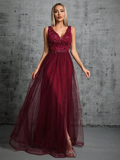 Sequin Embroidered Mesh Slit Maxi Dress - Claret