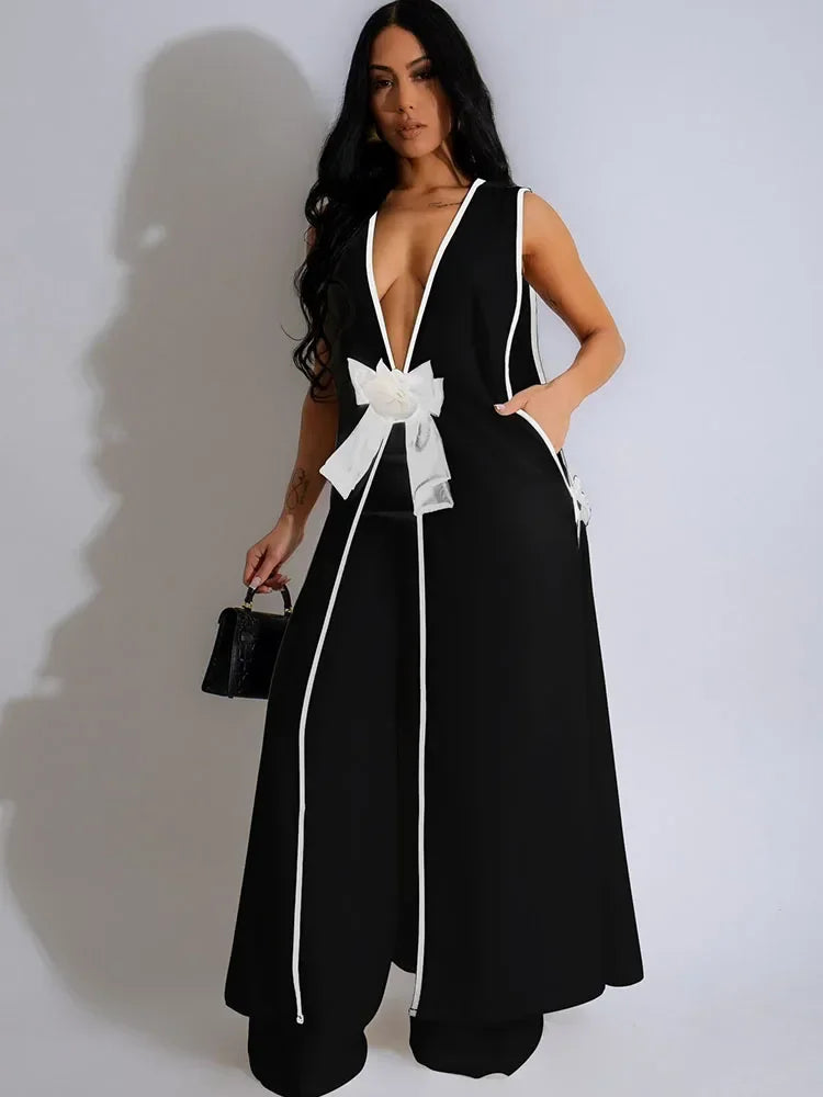 Bow Tie Appliques V-Neck Matching Set - Black