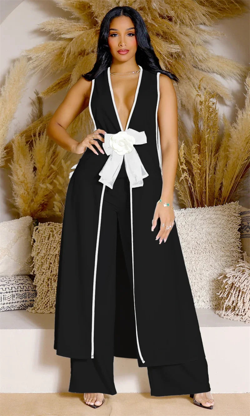Bow Tie Appliques V-Neck Matching Set - Black