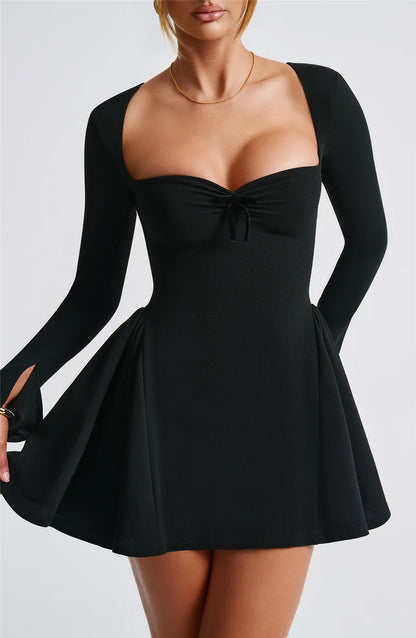 Square Collar Long Sleeve Mini Dress - Black