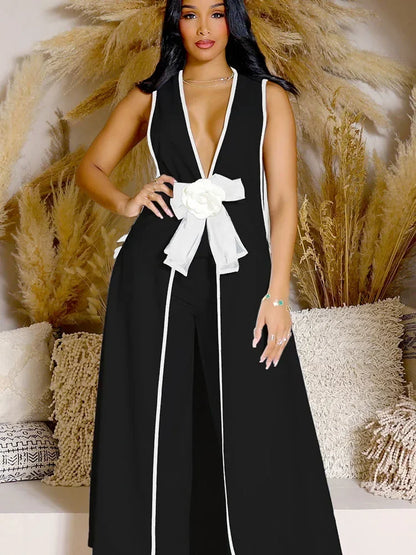 Bow Tie Appliques V-Neck Matching Set - Black